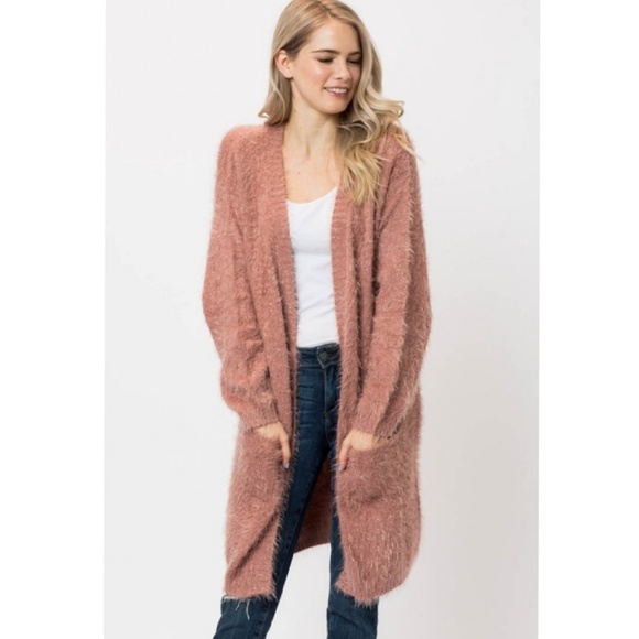 Faux Fur Cardigan Duster New S M L Cranberry Fuzzy - Picture 3 of 8